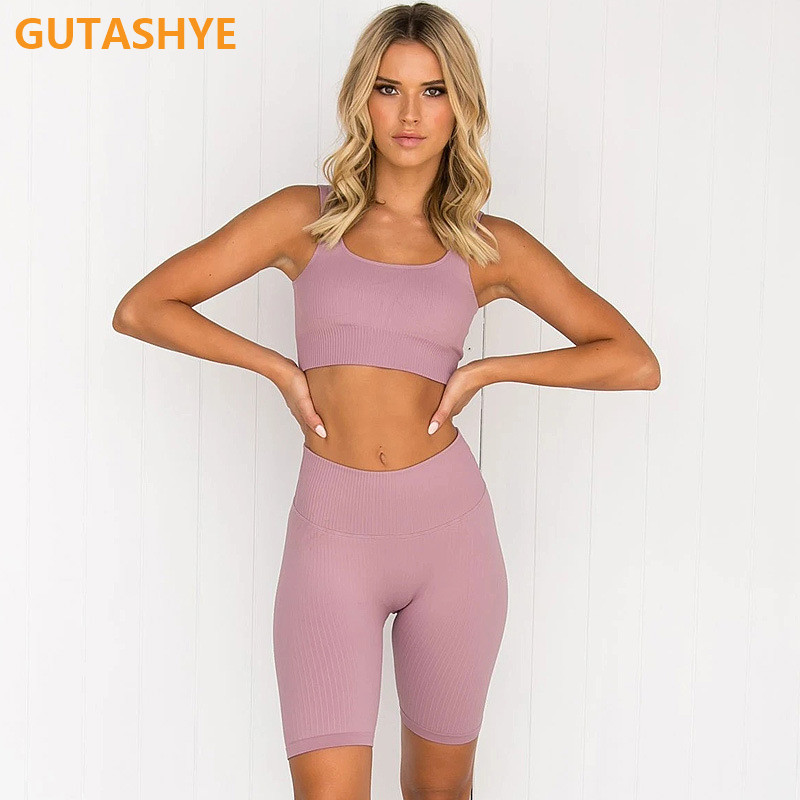 

GUTASHYE 2pcs/set Yoga Sets Women Seamless Shorts High Waisted Sports Pants Outdoor Biker Leggings Women Sports Gym Set, Set dark purple
