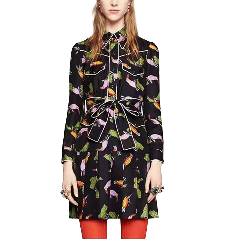 

4Xl High Quality 2020 Summer And Autumn Brand New Fashion Woodpecker Printing Belt Long Sleeves Slim Women Dress Free Shipping, Photo color