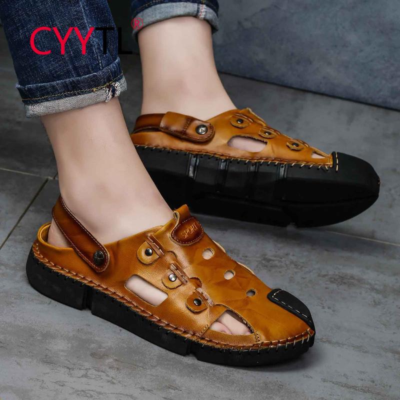 

CYYTL High Quality Breathable Leather Shoes For Men Casual Sandals Fashion Hole Leather Flats Outdoor Shoes Non-slip, Brown 599