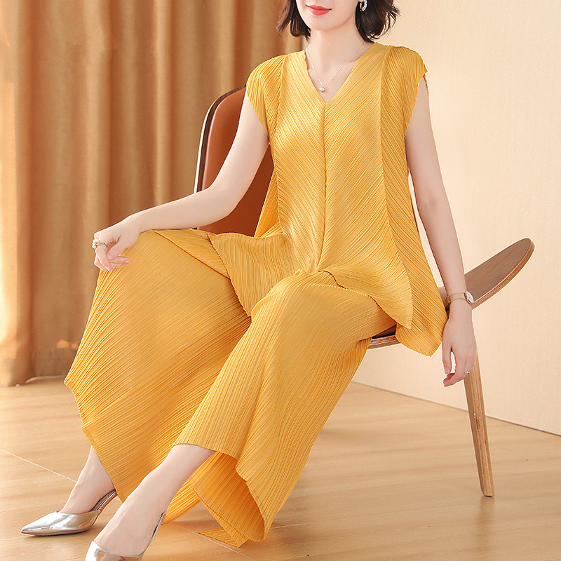 

Azterumi Summer Loose Women Sets Fashion Pleats Long T-shirts And Solid Wide Leg Pants Suit Female High Quality 2 Piece Set, Yellow