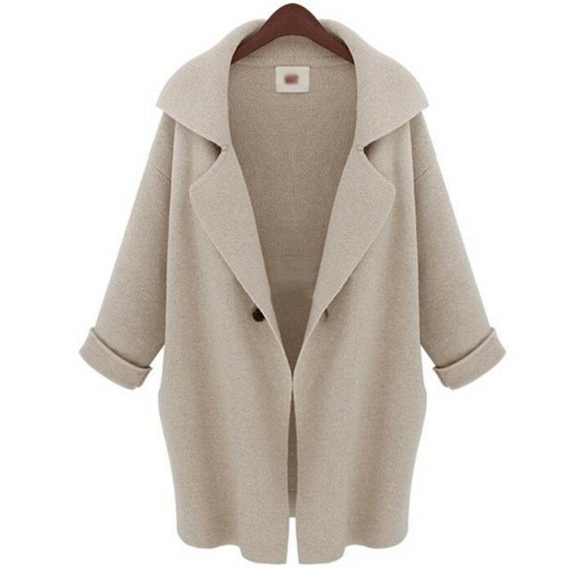 

Warm Outwear Fashion Long Sleeve Winter Button Loose With Pockets Mid Length Knitting Solid Cotton Blend Lapel Neck Women Jacket, Beige