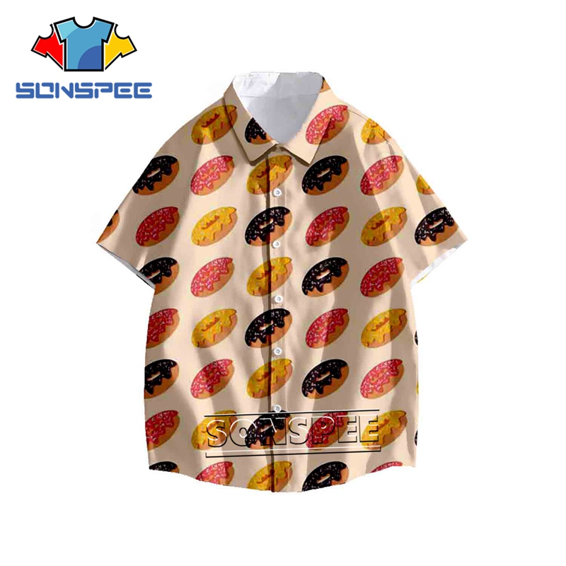 

3D print Casual Plaid Short Donut Gourmet Sleeve Shirt Men Street Hawaii Beach Women Tops Short Sleeve Buttons Mens Loose Blouse, 26