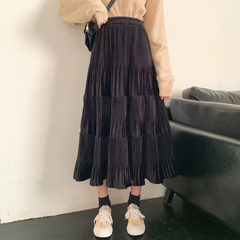 

2 colors 2020 Spring Autumn Female long Skirts Women High Waist long pleated Skirt solid color a line skirt womens Elastic, Black