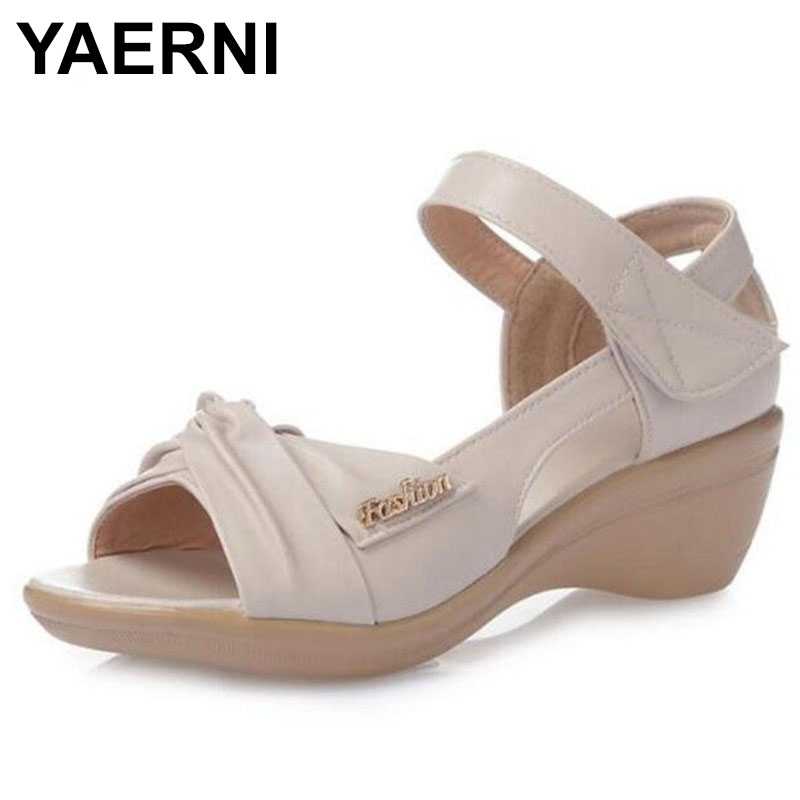 

YAERNI women sandals 2020 summer new genuine leather sandals women wedges open toe big size 41 42 43 mom Roman, Beige