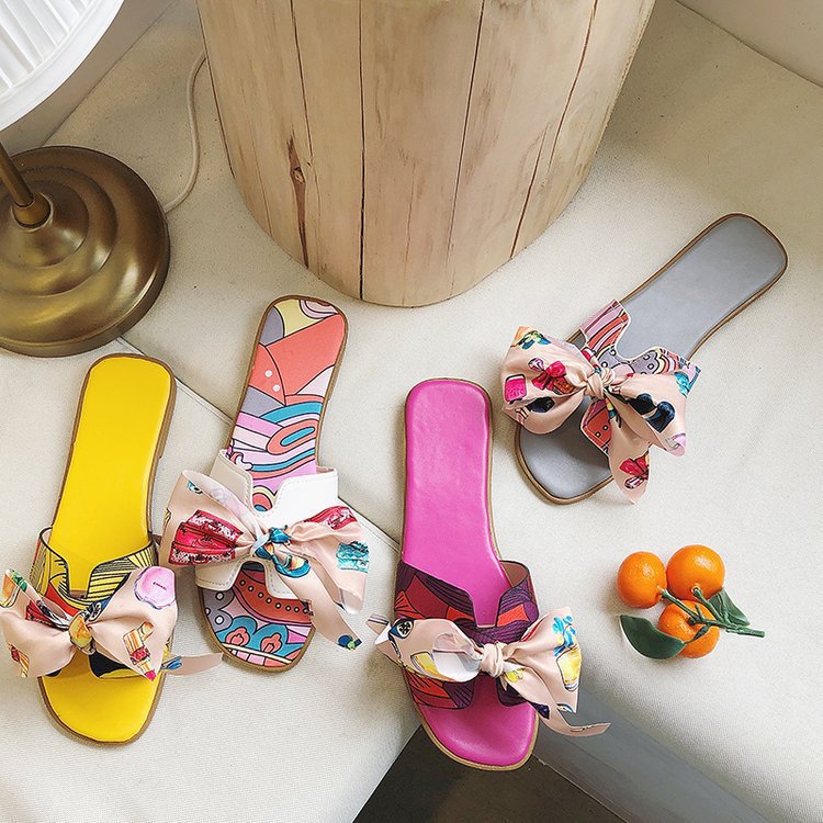 

EFFGT Summer Flat Heel slipper casual Ladies Sandal Bohemia fashion slipper bowknot Flat Candy Color Outdoor Holiday Slides A46, Yellow