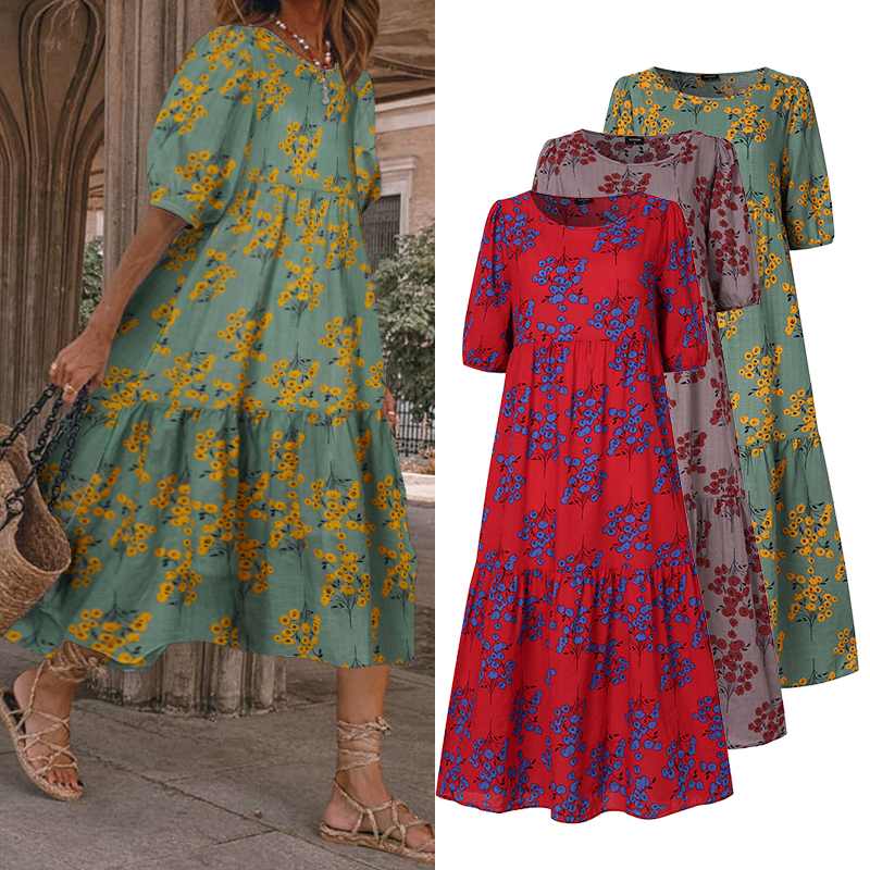 

Women' Midi Dress 2020 Flroal Dress Summer Sundress Vintage Lantern Sleeve VONDA Casual Bohemian Beach Vestidos Robe Plus Size, Green