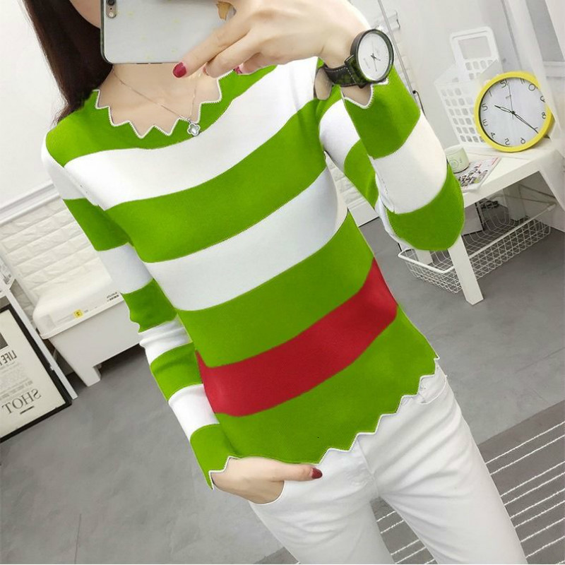 

Autumn Winter Striped Sweater Women Knitted Pullover Long Sleeves Elasticity Femme Jumper Thin stripe Black White Woman Clothes, Cardinal