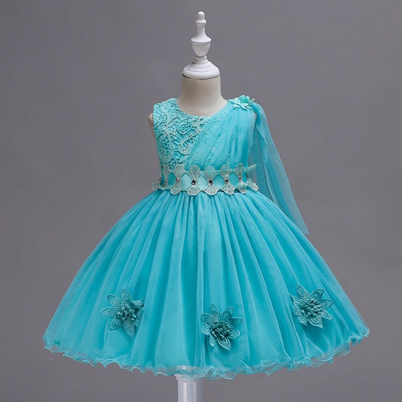 

BGW Flower Girl Crystal Decoration Knee Length Lace Dress 2020 New Girl Wedding Party Exchange Dress Ball Beauty Shoulder, Blue