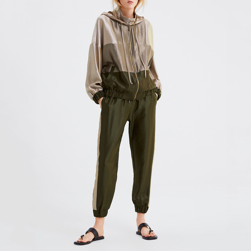 

Spring Set Female 2020 Patchwork Army Green Baseball Jacket Hoodie Sweatshirts Jogging Pant Suits Two Piece Sets Tracksuits