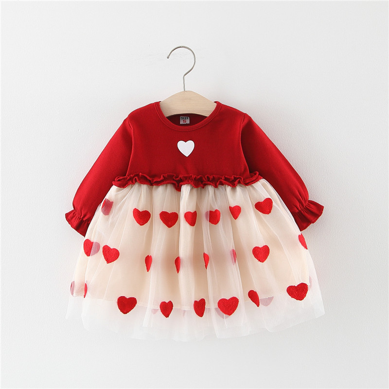 

KINE PANDA Baby Girl Kids Clothes Girls Dress Spring Red Love Mark Mesh 1 2 3 Years Old Height 55-100cm Korea Princess Style