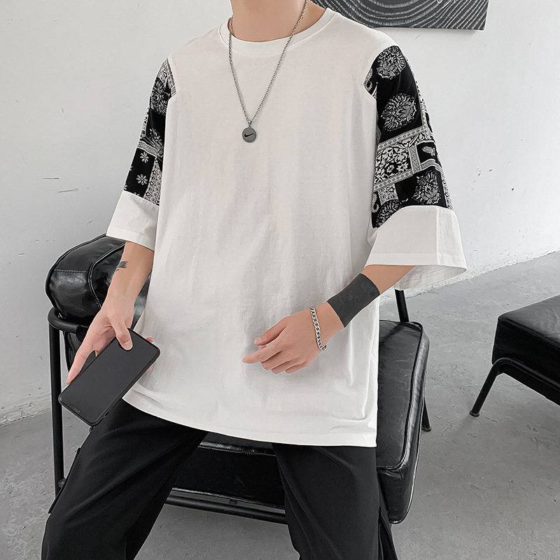 

Harajuku Youthful vitality Pattern printing Patchwork Tshirt O-neck Short slevees Contrast Color clothes Fitted black streetwear, White