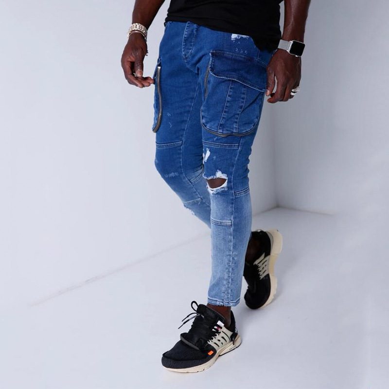 

Men jeans fashion multi-pocket solid color washed Zipper cardigan jeans pencil pants distressed holes men denim trousers, 02