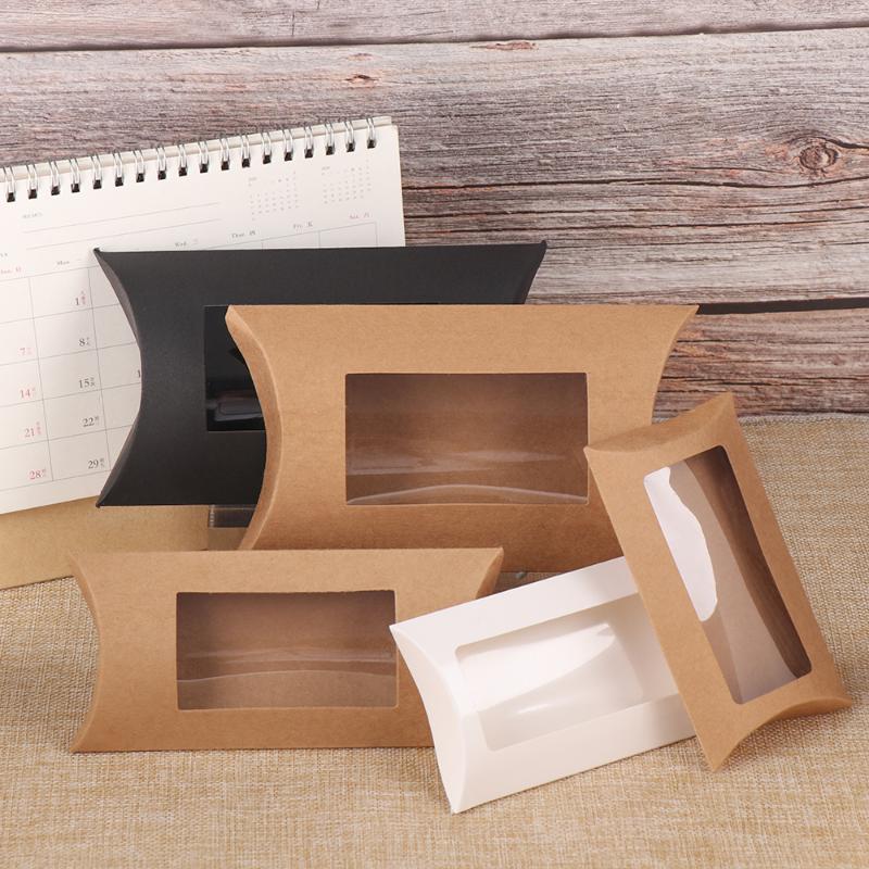 

10pcs DIY Blank Paper Gift Box Mutlisize Pillow Gift Box With Clear PVC Window Kraft Brown/White/Black Paper Window For