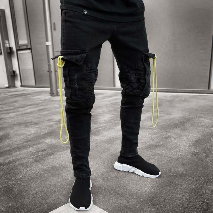 

Brand Denim Jeans Men Pencil Pants Slim Fit Biker Skinny Pencil Jean Casual Jogger Side Pocket Hip Hop Black Cargo Trousers