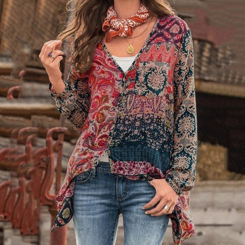 

Laamei Women Blouses Shirt Plus Size 5XL Bohemian Shirts V-neck Long Sleeve Print Blouse Sexy Loose Shirts Irregular Tops, Blue