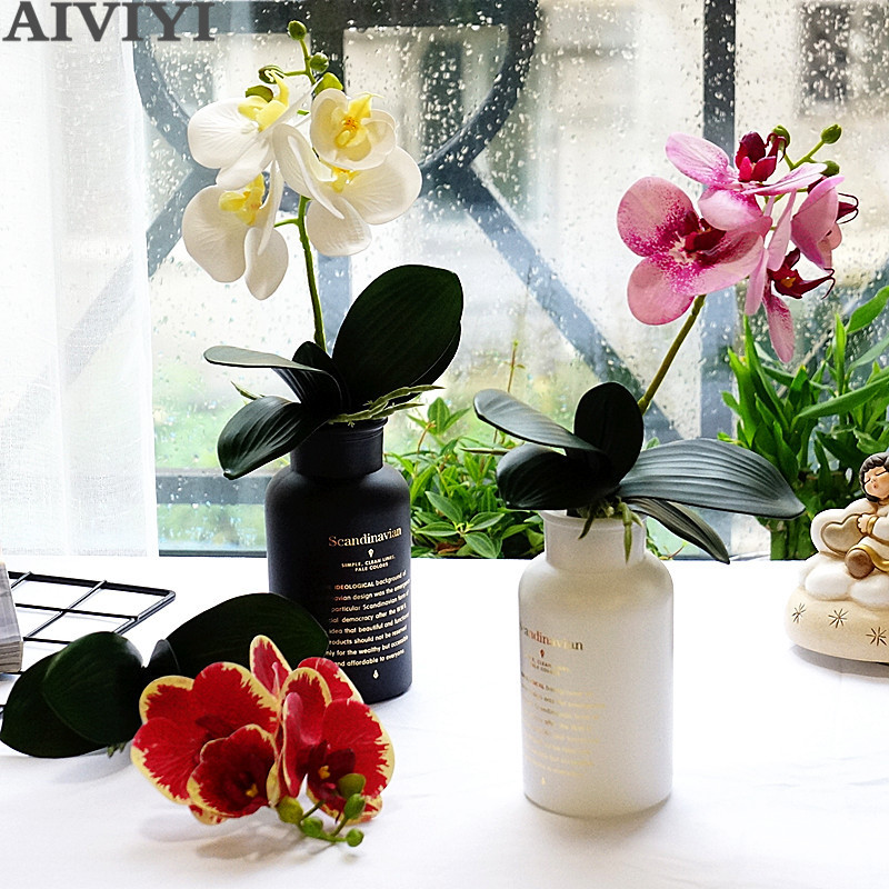 

New small tree with leaves 4 heads of Phalaenopsis artificial flowers orchid leaves high quality PU bonding texture DIY p, Pink