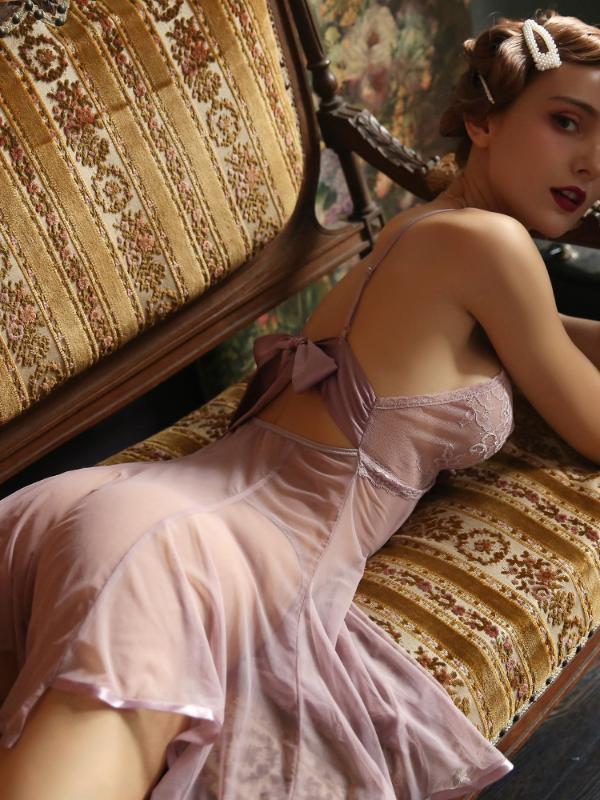 

Cute Women Nightgowns Lace Back Bow Super Sexy Mesh Perspective Nightdress Temptation Hollow Out Deep V Sleeping Dress, Black