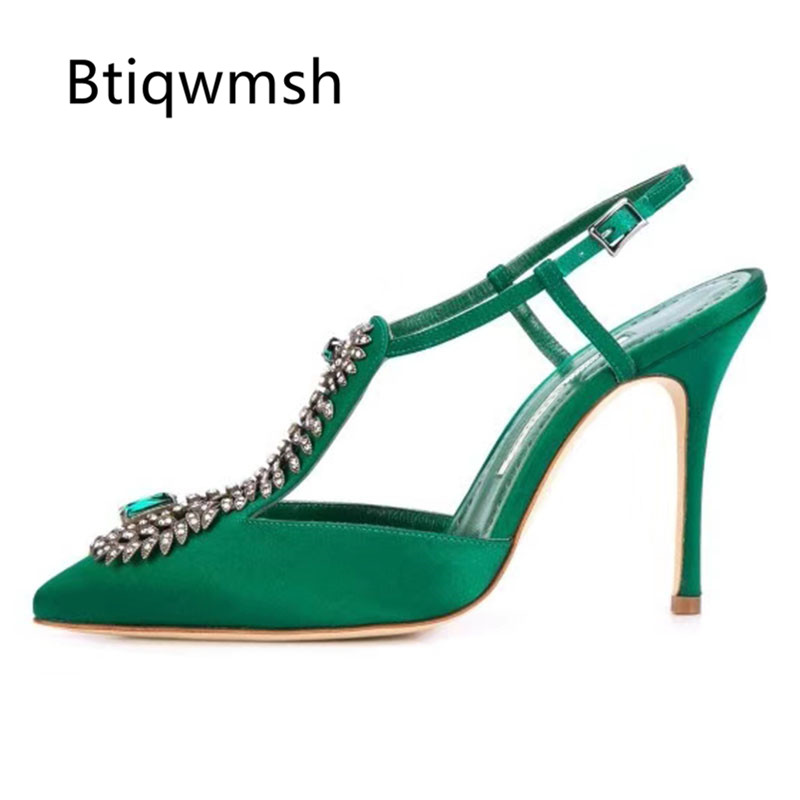 

2020 Newest Rhinestone Satin Sandals Women Pointed Toe luxury Green Crystal T-strap Thin Heels Shoes Woman Sexy Wedding Shoes