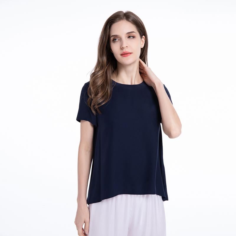 

100 Pure Mulberry 19 Momme Ladies Silk Fashional And Soft Tops For Women Short Sleeve Button Slit Back Closure, White