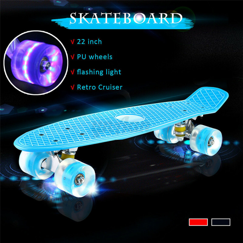 

22'' Flashing LED Skateboard Complete Street Long Board Kids Penny Style Scooter, Black