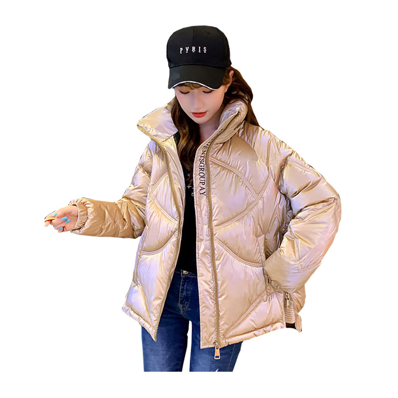 

Women Short Winter Jacket Glossy Stand Collar BIO Down Coat Oversize Cotton padded Parkas Casaco Feminino Abrigos Mujer, Navy