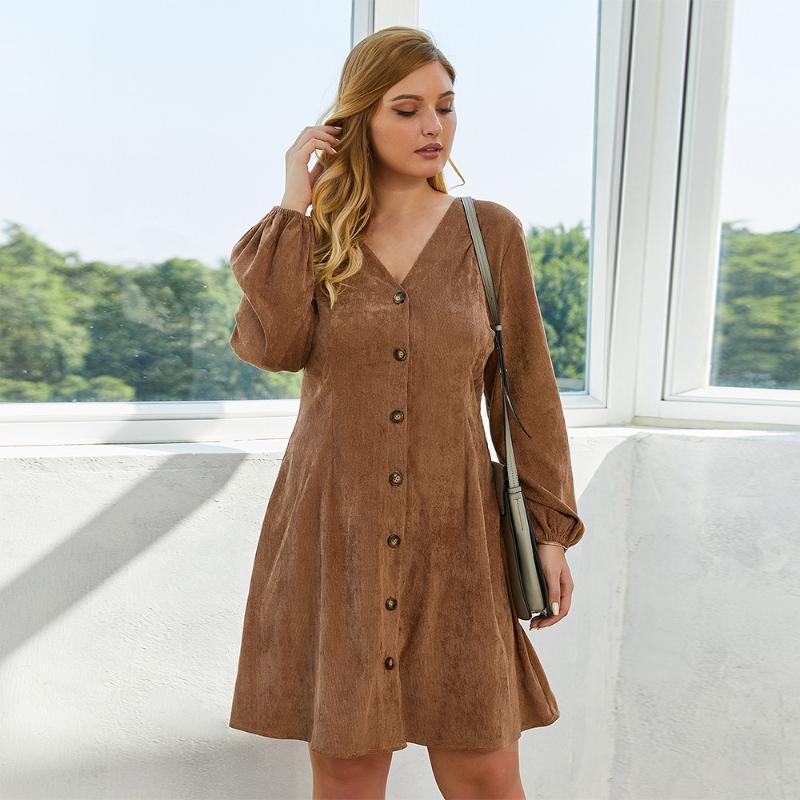 

WHZHM V-Neck Long Puff Sleeve Party Dresses Women Buttons A-Line Patchwork Autumn Plus Size 3XL 4XL Army Green Dress Femme, Brown