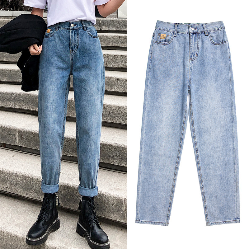 

GareMay High Waist Jeans for Women Loose Harem Vintage Jeans Plus Size Casual Korean Style Woman Washed Boyfriend Denim Pants, Blue