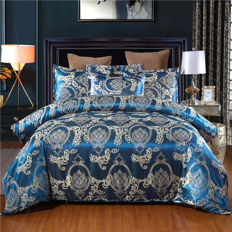

Luxury Bedding Sets Blue Satin Silk Jacquard Bed Set Single Queen King Duvet Cover with Pillowcase Single Bedding Set Luxury, 006