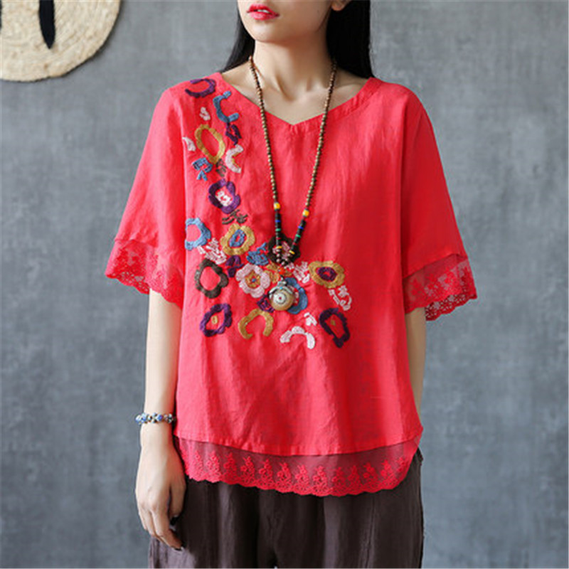 

Ethnic Vintage White Floral Embroidered Blouses For Women Loose Half Lantern Sleeve Shirt Women Cotton Linen Top Casual Blusas, Red