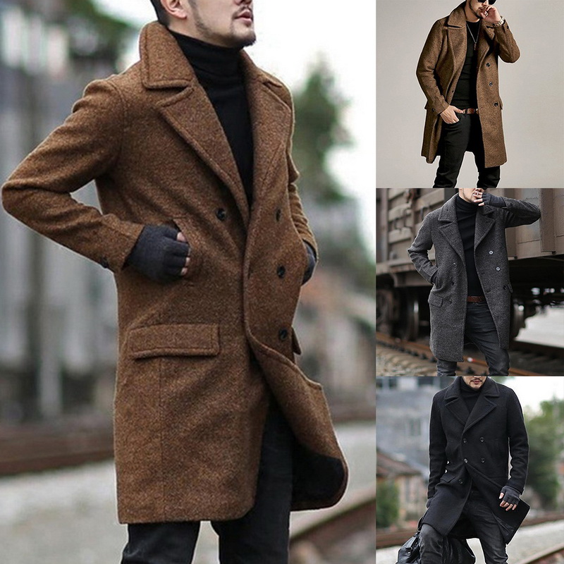 

2020 Fashion Men Winter Solid Color Jacket Double Breasted Casual Lapel Tops Coat Men Clothes Windbreaker Clothing, Black