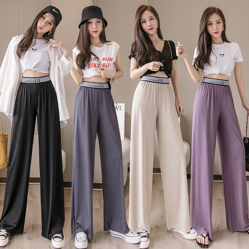 

Make ice silk wide-legged pants female summer new tall waist hang down feeling relaxed straight thin leisure mopping his trouser, Black