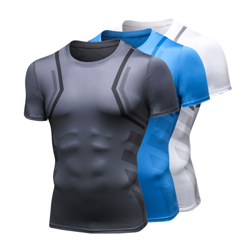 

Hot Sale Men Running T-shirt Short Sleeve Skinny Compression Shirts Gym Tops Breathable Quick Dry Fitness Sportswear Sportsuits, Blue