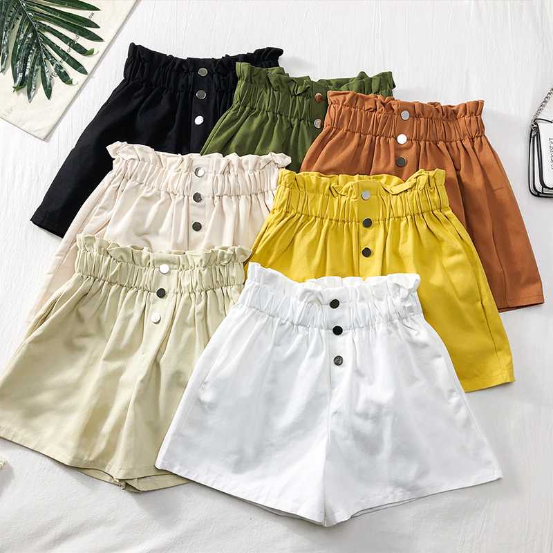 

2020 Summer High Waist Ruffle Shorts For Women Casual Wide Leg A line Shorts Solid Korean Female Loose Short Pants 7 Colors, Black
