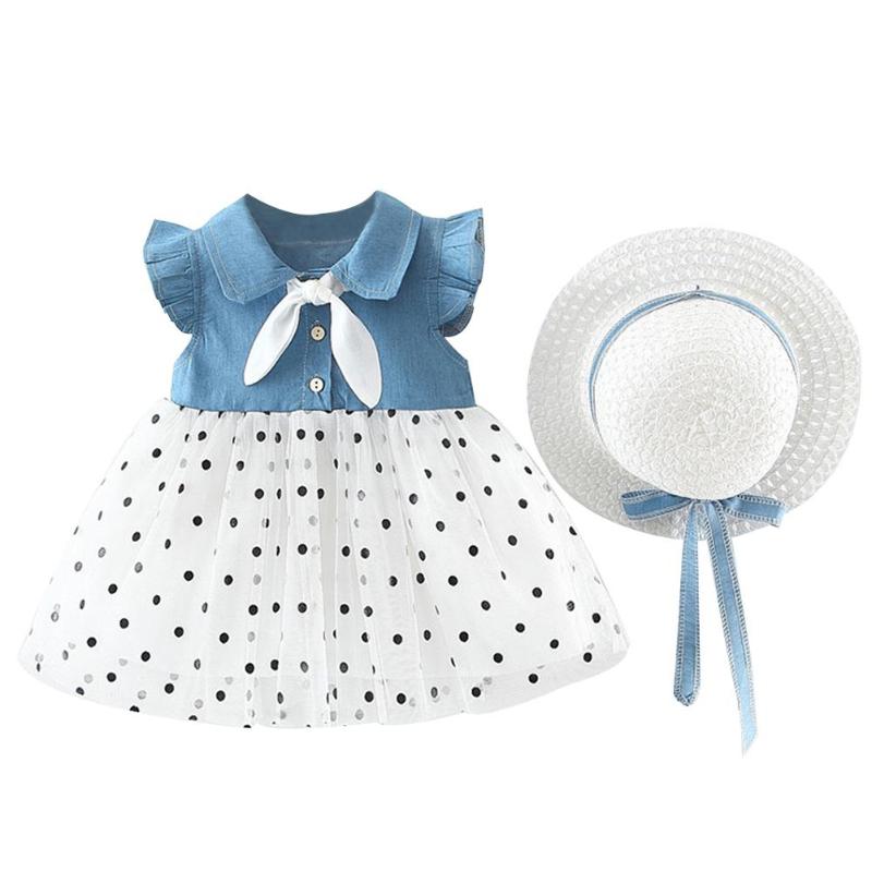

Newborn Baby Girl Dress Girl Kids Summer Short-Sleeves Ruffle Buttons Denim Dot Yarn Dress Korea Style Casual for Outdoor, As pic