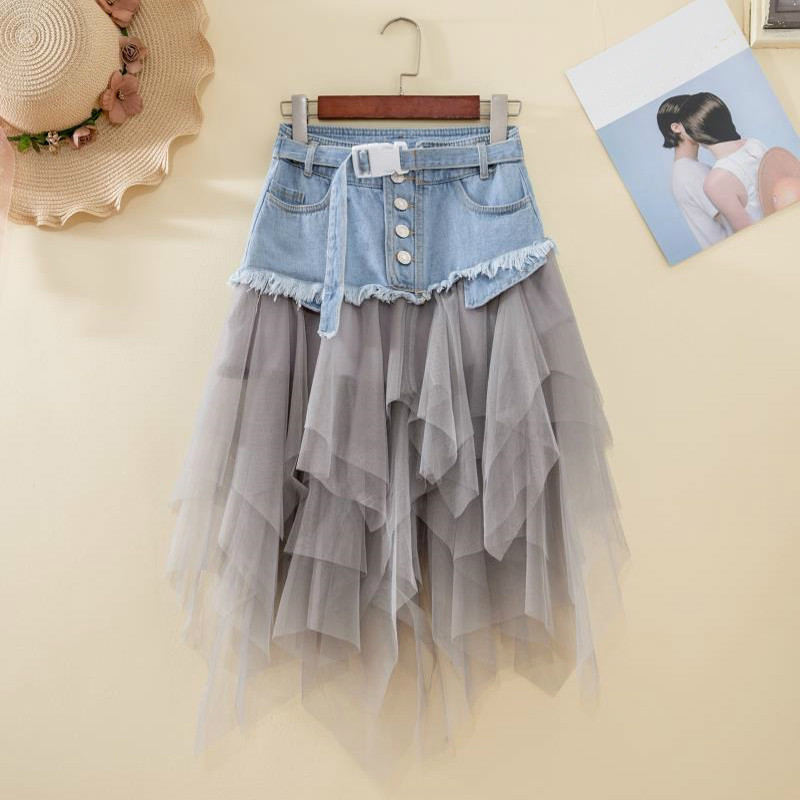 

Irregular High Waisted Tulle Skirts Mesh Patchwork Pockets Pleated Mid-Calf Tutu High Street Summer Denim Jeans Skirt Women, Pettiskirt red