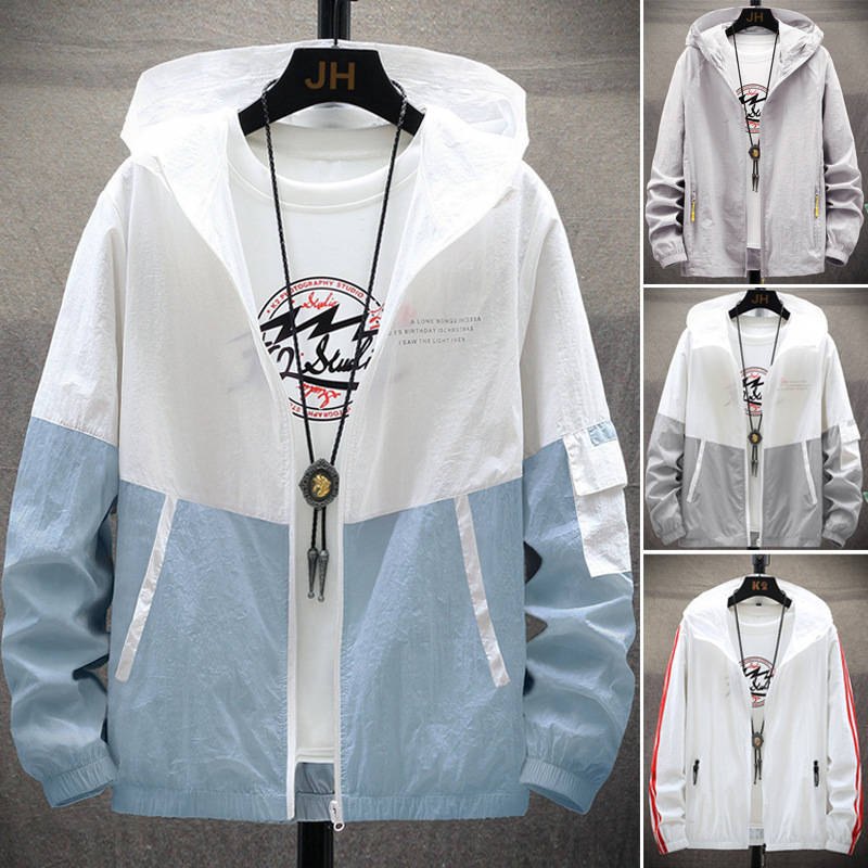 

New Spring Autumn Bomber Hooded Jacket Men Casual Slim Patchwork Windbreaker Jacket Male Outwear Zipper Thin Coat Brand Clothing, 2083white