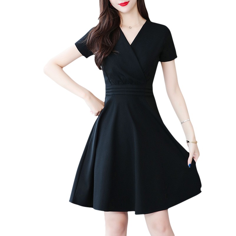 

Black Waisted Dress With Loose Hem In Summer High Waist Hepburn Elegant Temperament Oriental Lady Office Professional Woman Sexy