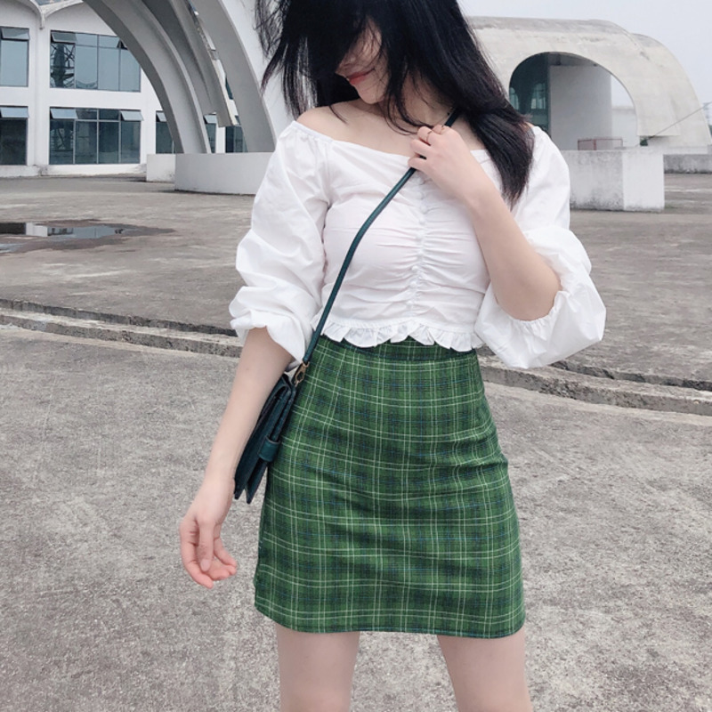 

Plus Size Women England Preppy Style Green Plaid Skirts Shorts Summer Hot Sale High Waist Slit Blue Plaided Culotte Slim Skirt