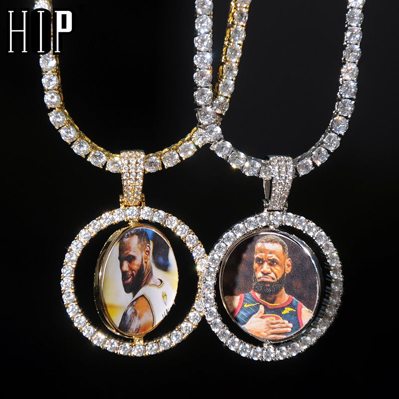 

Hip Hop Custom Made Photo Round Rotating Double-sided Iced Out Bling Cubic Zircon Necklace&Pendant For Men Jewelry Tennis Chain CX200725