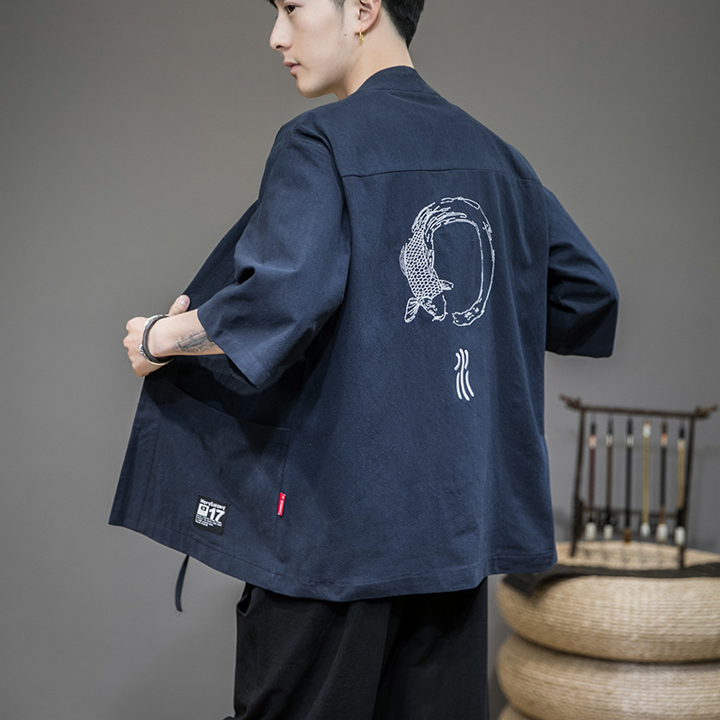 

Plus Size Kimono Cardigan Men Japanese Style Samurai Costume Kongfu Coat Yukata Robe Haori Obi Traditional Asian Clothes 4XL 5XL