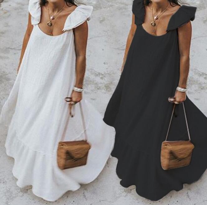 

Summer dress sexy ruffled long skirt casual loose solid color pleated large size beach skirt, White