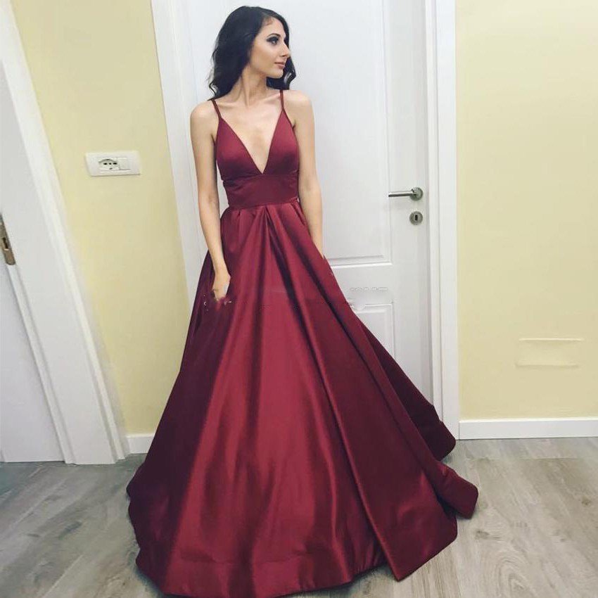 

Elegant Burgundy Red Satin Prom Dresses Deep V Neck Spaghetti Straps Ruched Floor Length Backless Evening Dresses Simple Formal Dresses, Black