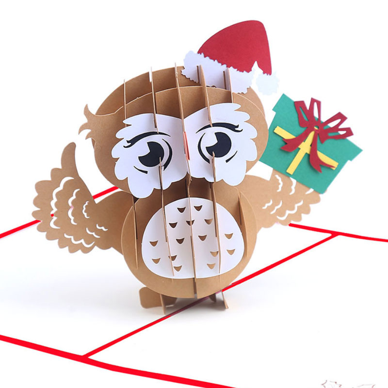 

Hallow Out 3D Pop UP Creative Owl Christmas hat Handmade Paper Art Carving Birthday Gift Greeting Cards