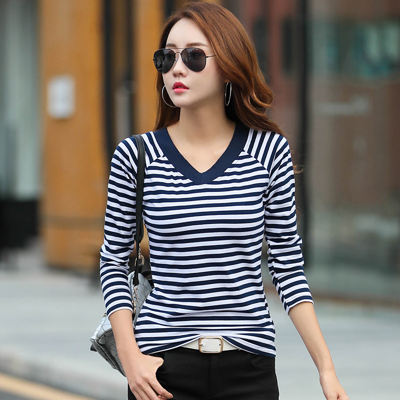 

Blackday T-Shirt Women Shirts Long Sleeve Autumn Casual Shirt Striped Female T Shirts Womens Cotton Camisa Feminina, Brown