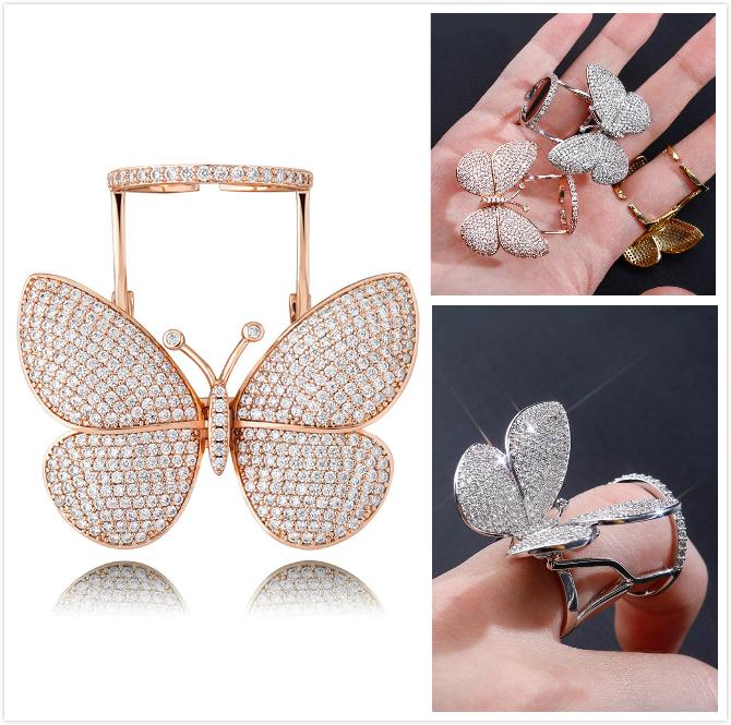 

Hiphop Real Gold Plated Bling Cubic Zirconia Movable Butterfly Womens Open Band Ring CZ Diamond Finger Rings Rapper Jewelry Gifts for Ladies