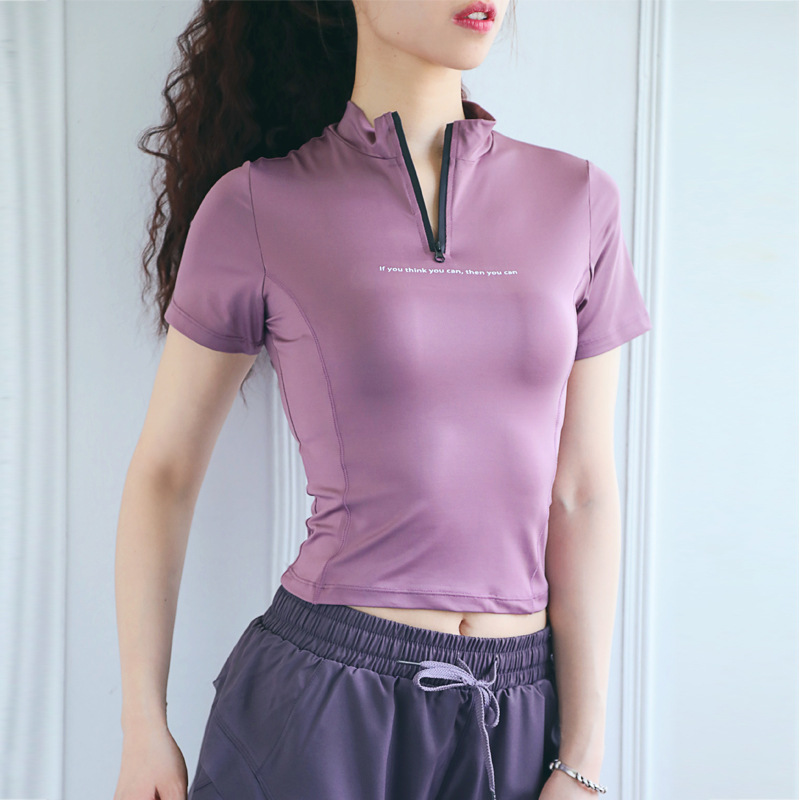 

Half Zipper Sports T-shirt Women Slim Quick Dry Fitness Short Sleeve Crop Top Running Training Breathable Yoga Top Sportswear, Black