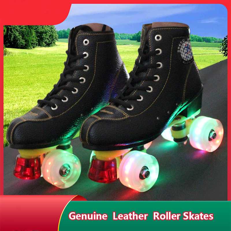 

Adult Double Row Skates Children's Men and Women Pu 4-Wheel Wear-Resistant Leather Skates Roller, Black