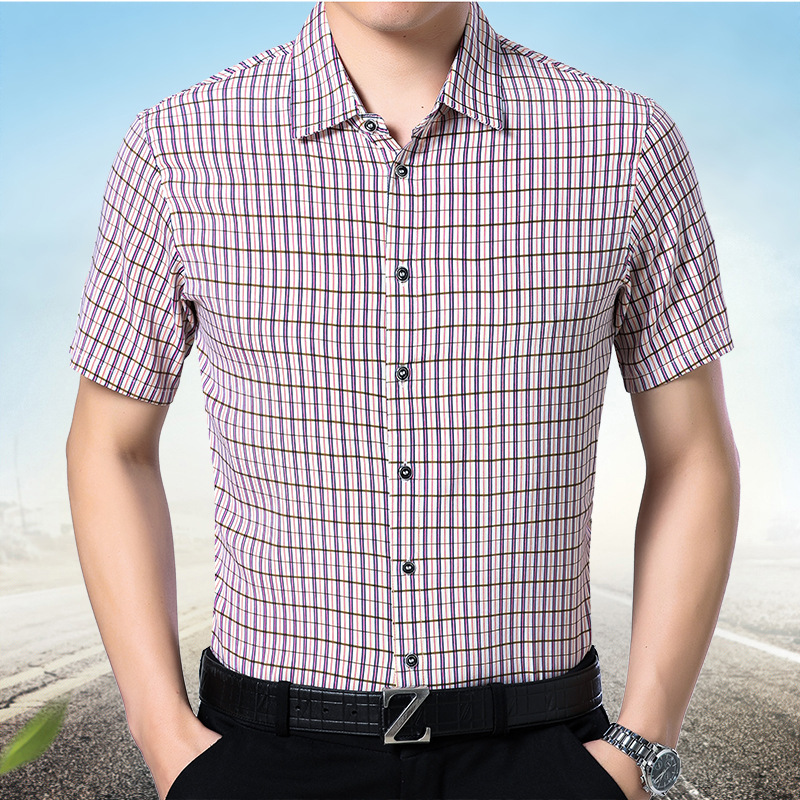 

92% Silk Shirt, Men's Short Sleeved Mulberry Silk, Summer Middle-aged Men's Lattice Casual Silk Thin Shirt