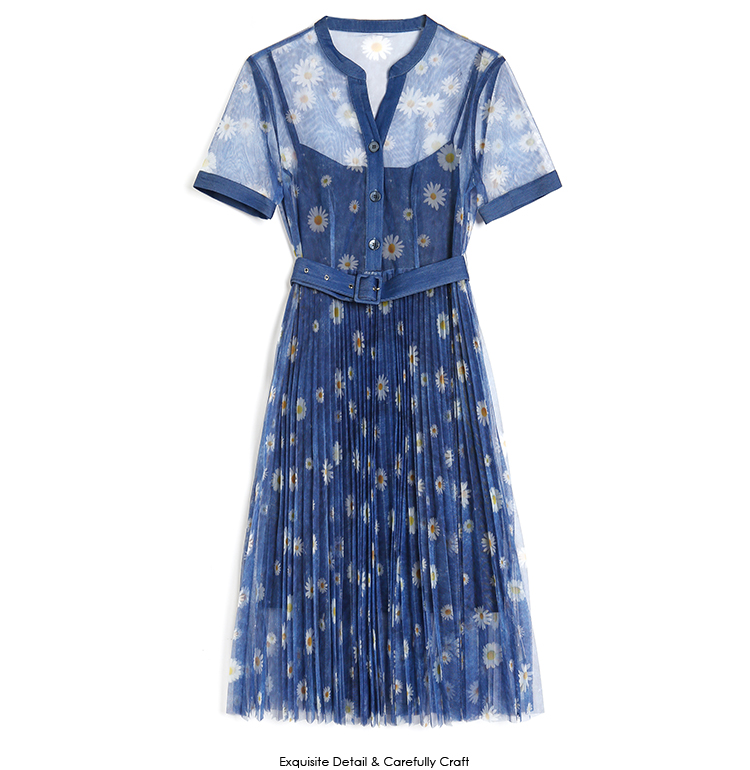 

XZ700063 Summer 2020 women' clothing new French daisy printed mesh mid-length pleated dress, As pic