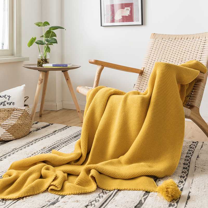 

Yellow Sofa Knit Throw Blanket with Tassel Travel 130x160cm Home Sofa Chair Bed Cobertor Winter Blankets for Bed